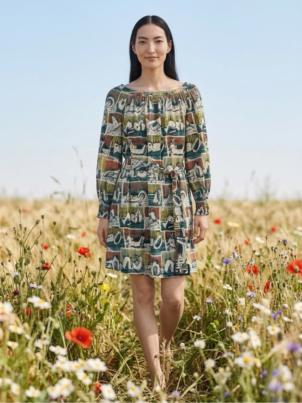 Burberry Printed Long-Sleeve Gathered-Neck Mini Dress in Green, Brown and Cream